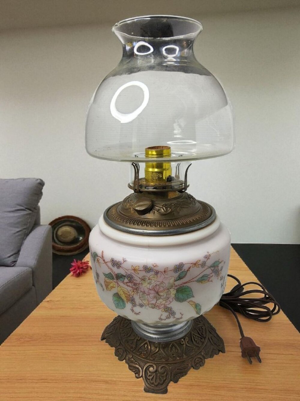 Vintage 1950s Oil Lamp Repurposed Into Electric Lamp White, Blue, Red, Floral De